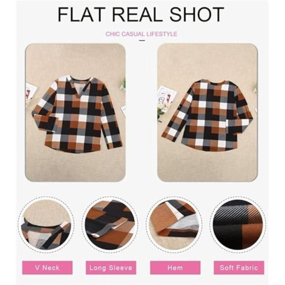 Women's Basic Casual V-Neck Plaid Print Cotton Cuffed Long Sleeve Work Blouse - Picture 5 of 7